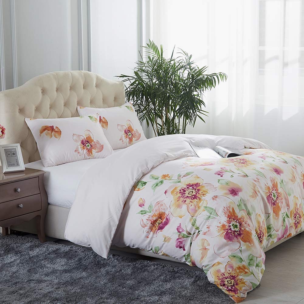 3 Piece Duvet Cover Set Brushed Microfiber Printed Reversible Queen/King Off-White Pink Floral
