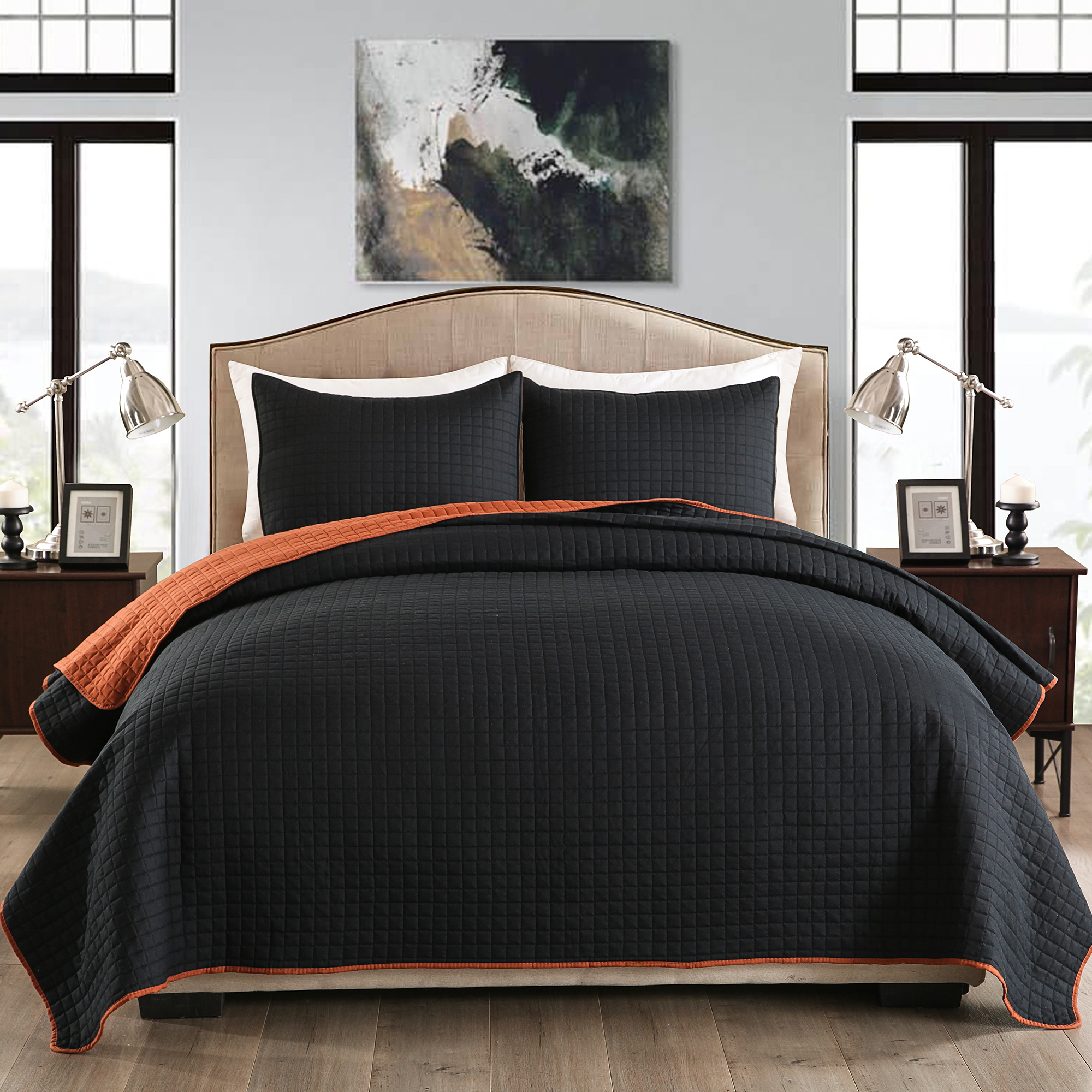 stitched quilt set 3 pcs Queen/King Black/Mocha Bisque