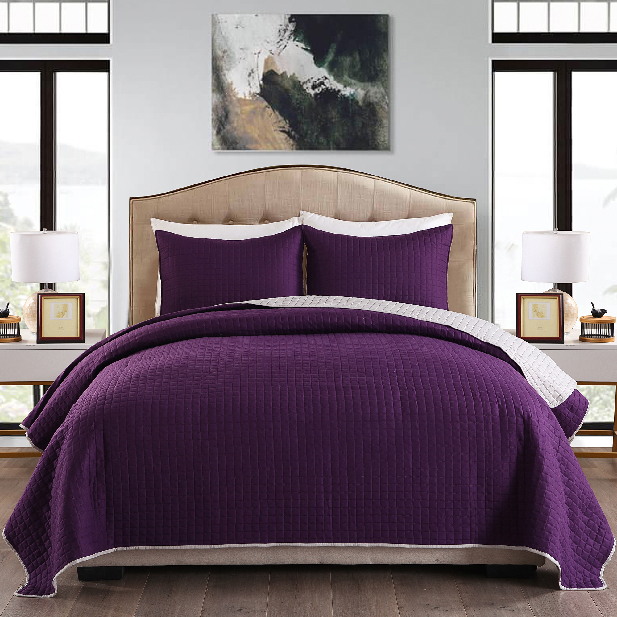 stitched quilt set 3 pcs Queen/King purple/white