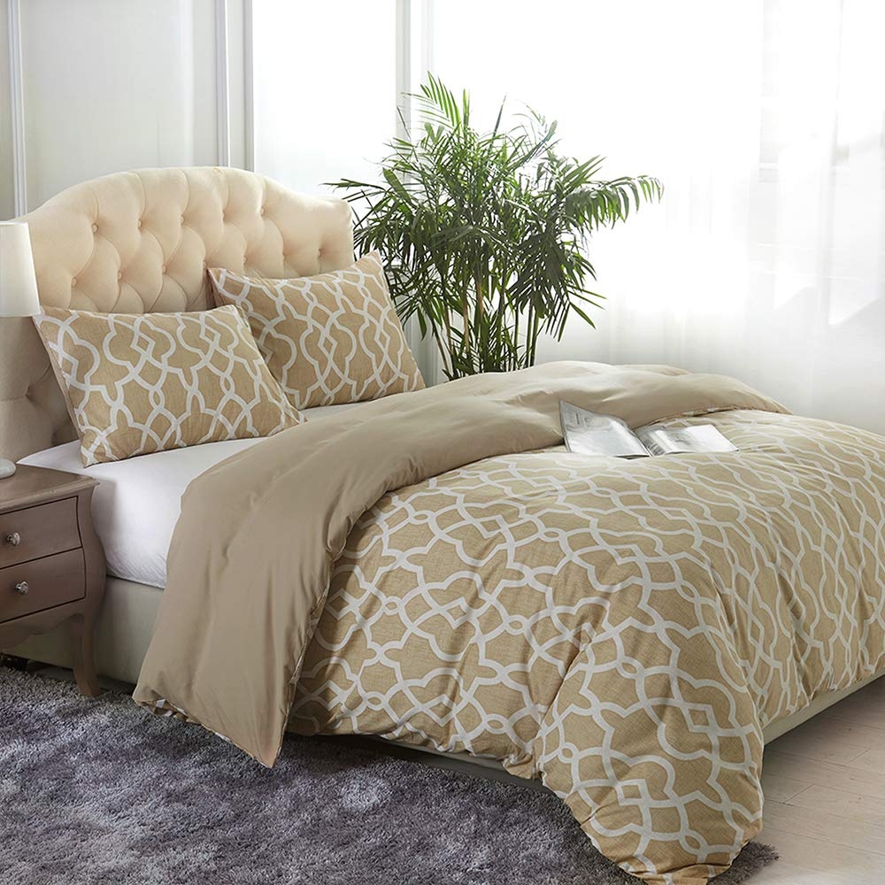 3 Piece Duvet Cover Set Brushed Microfiber Printed Reversible Queen/King Yellow Grid