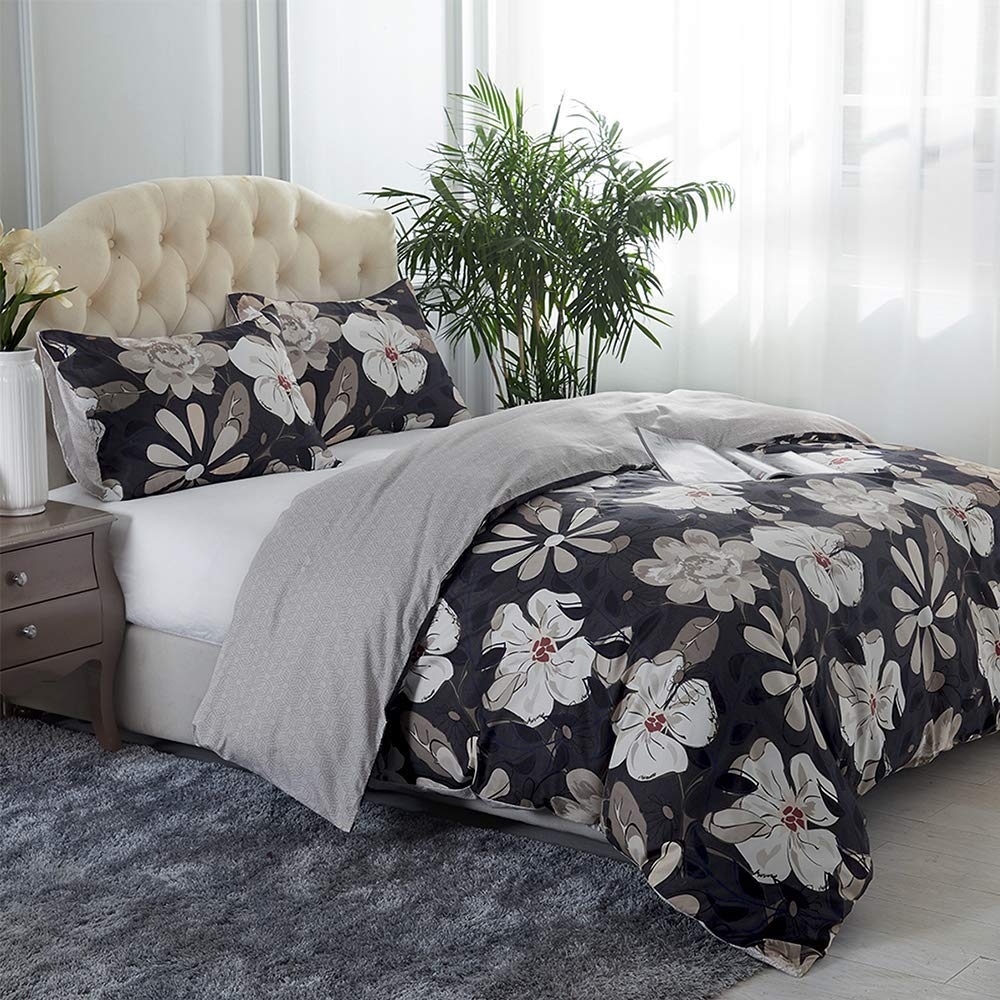 3 Piece Duvet Cover Set Brushed Microfiber Printed Reversible Queen/King black white flower